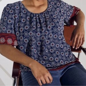 Sara Michelle Navy and Burgundy Floral Blouse